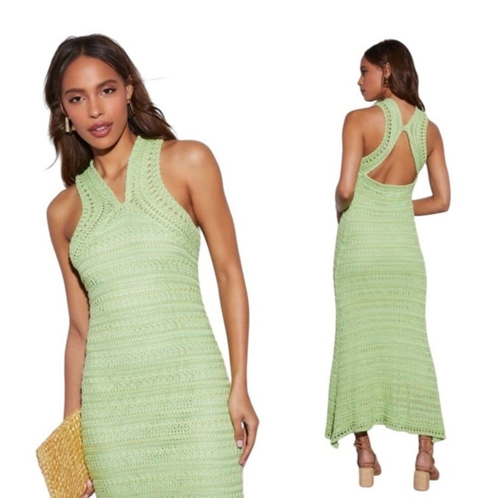 Dee Elly Green Crochet Dress sz Small Resortwear Vacation Coastal Beach Tropical